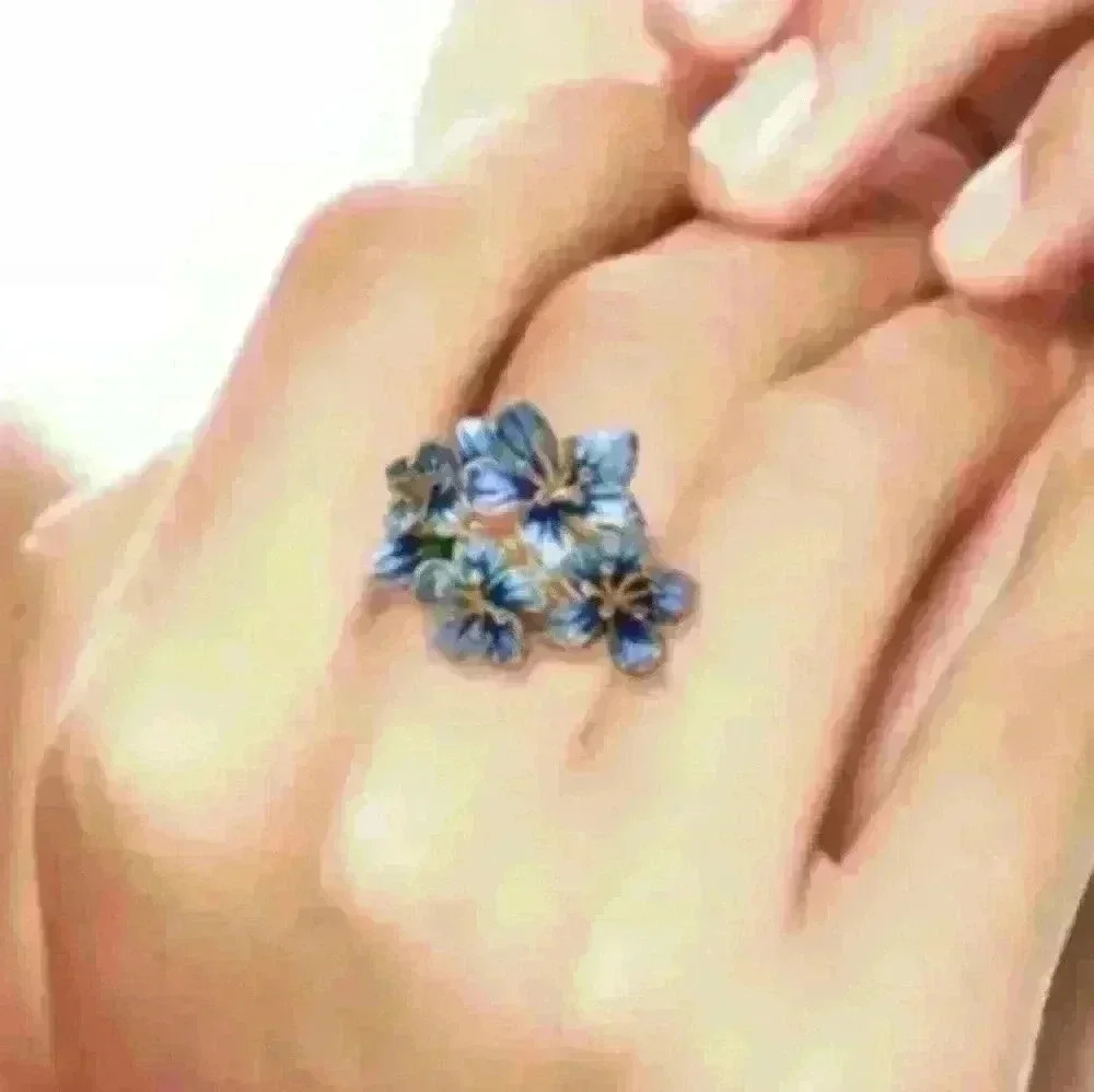 New Yellow Gold Blue Flowers Ring